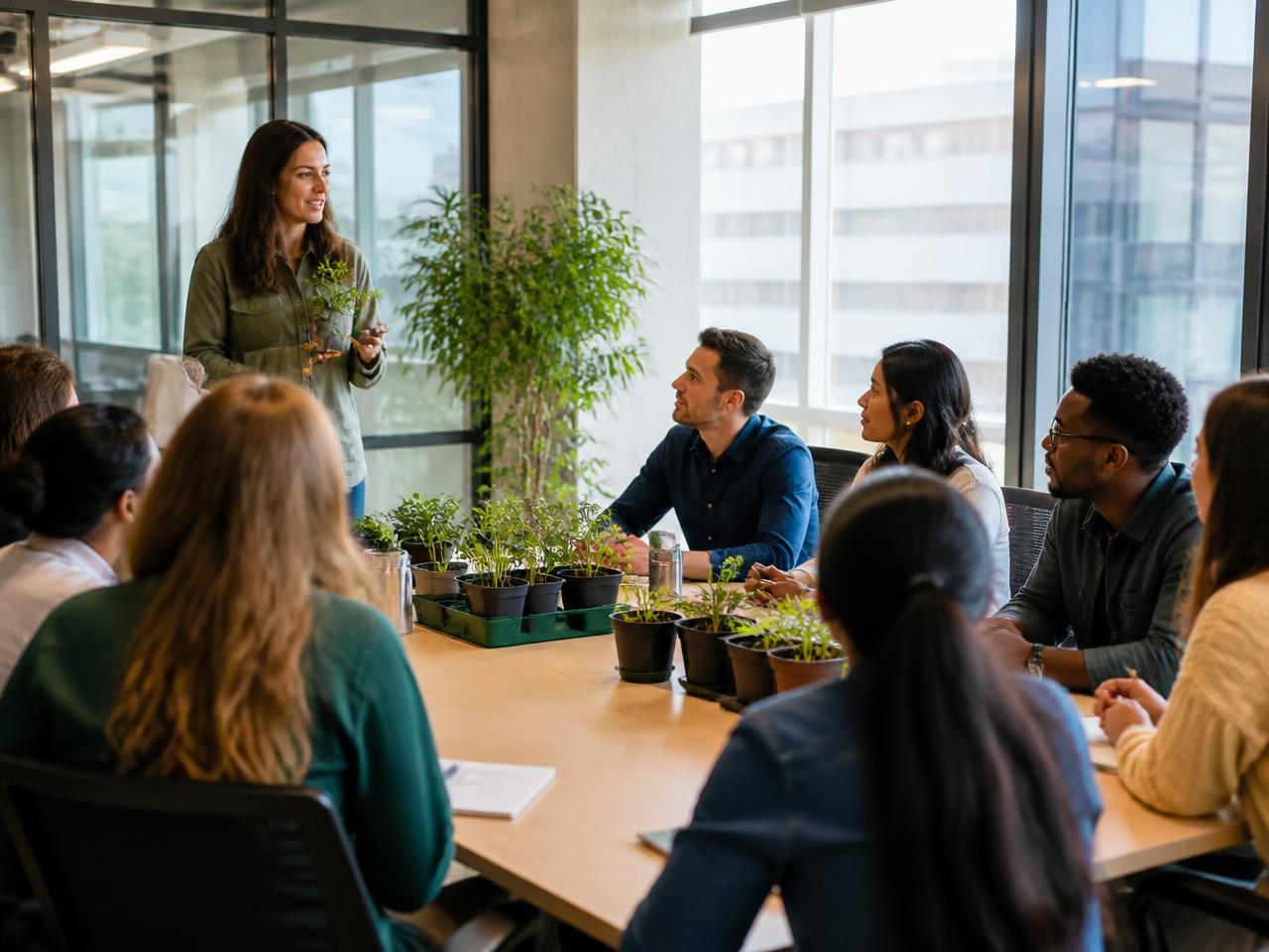 Facilitadora conduzindo treinamento de educação ambiental em sala corporativa