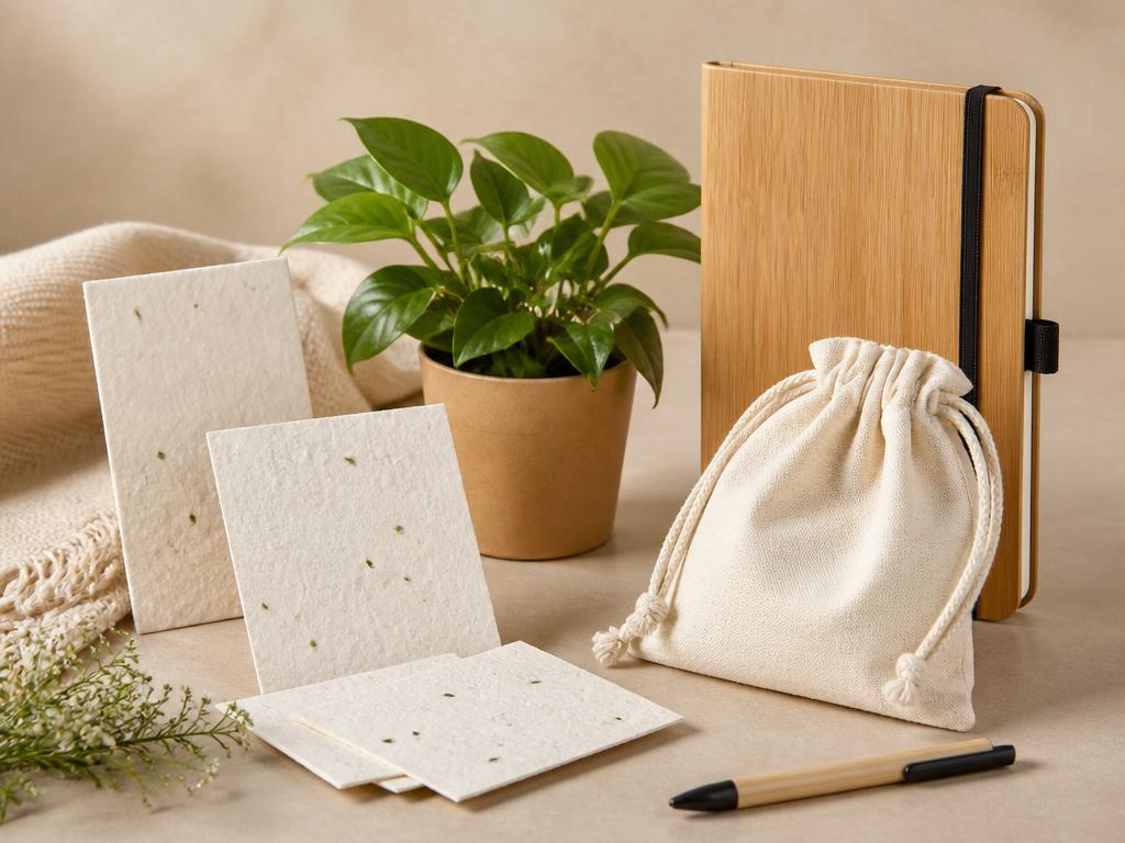 Brindes sustentáveis: papel semente, caderno de bambu e saquinho de algodão