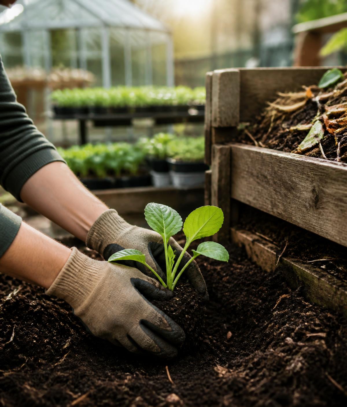 Plantio de muda em solo com composto orgânico ao lado de composteira de madeira